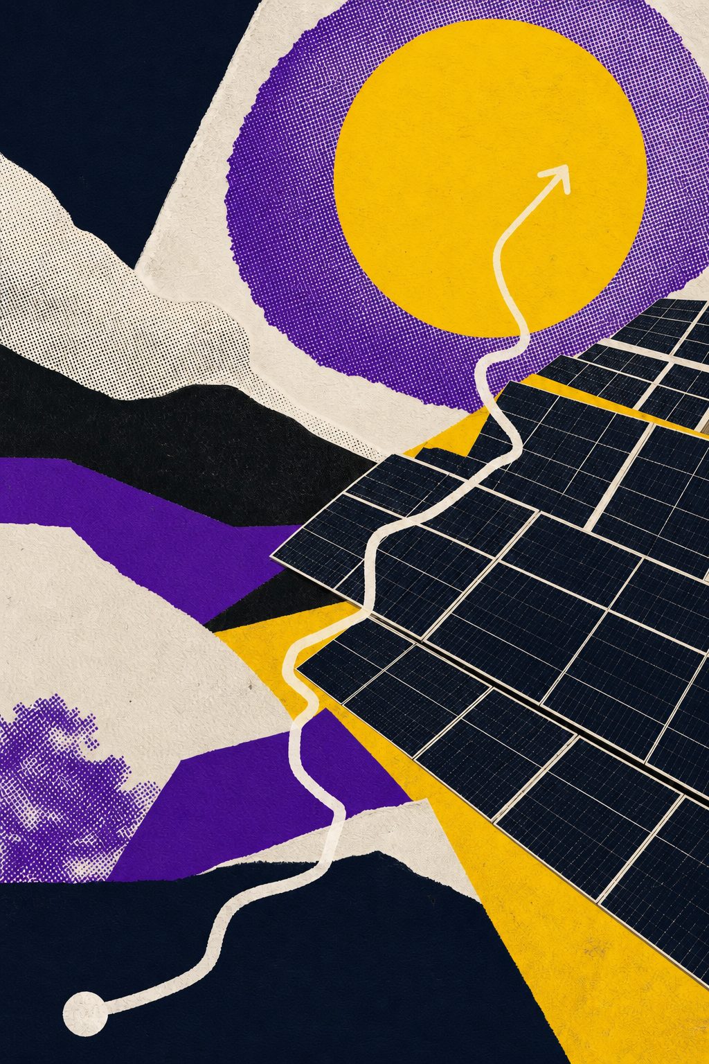 Colagem editorial com painéis solares, sol e uma rota contínua